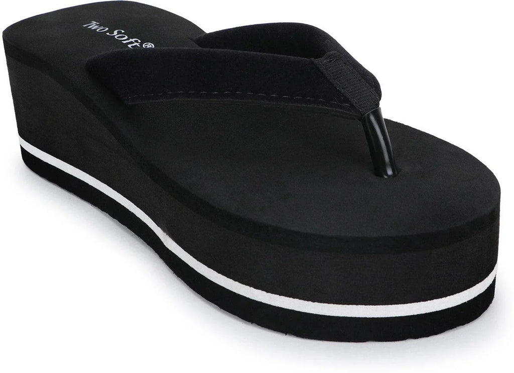 TWO SOFT Stylish Lightweight Comfort Fancy Flip Flops For Girls Slippers Women Slippers (Black , 8)